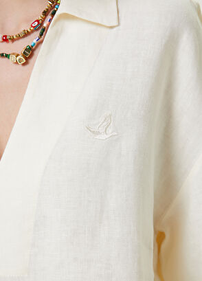 Beymen Club Ekru Gömlek Yaka Kuş Nakışlı Keten Bluz - 5