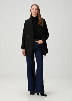 Siyah Kruvaze Yün Kaşe Kaban - Görsel 5