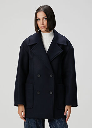 Oversize Lacivert Yün Kaşe Kaban - Görsel 5