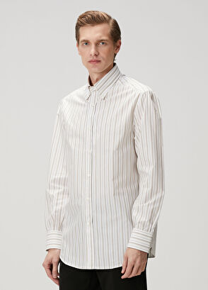 Brunello Cucinelli Kahverengi Beyaz Çizgi Desenli Gömlek - 3