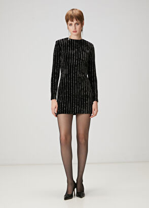 Beymen Club Siyah Çizgili Mini Kadife Kokteyl Elbise - 5