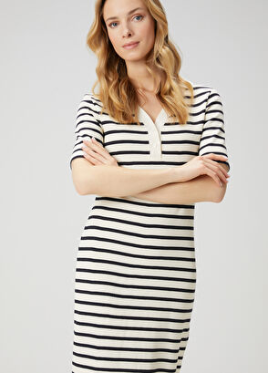 Beymen Club Ekru Lacivert Çizgili Midi Polo Elbise - 4