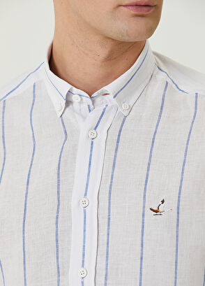 Beymen Club Comfort Fit Beyaz Seyrek Çizgi Geçiş Keten Gömlek - 6