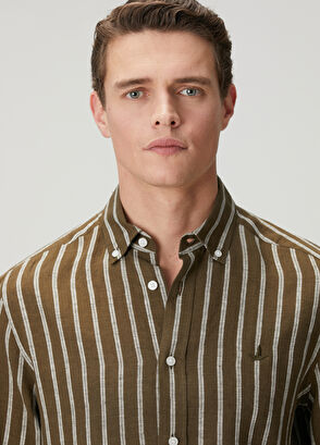 Beymen Club Comfort Fit Khaki Stripe Print Linen Shirt - 7