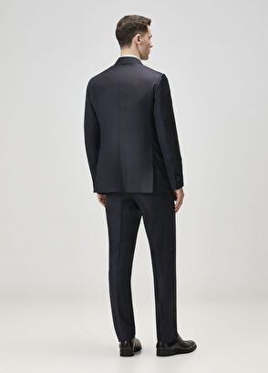 Koyu Lacivert Çizgi Desenli Yün Takım Elbise - Görsel 6