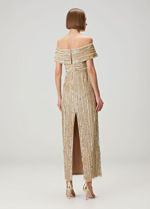 Sarı İşlemeli Maksi Abiye Elbise - Görsel 5