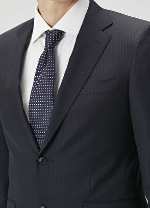 Lacivert Çizgi Desenli Yün Takım Elbise - Görsel 7