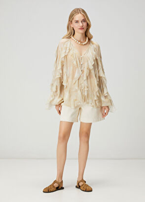 Beymen Club Multicolored Beige Ruffled Chiffon Shirt - 3