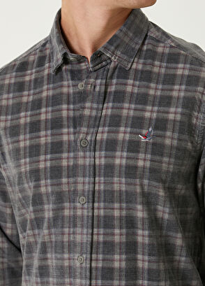 Beymen Club Bordo Gri Ekose Desenli Kadife Gömlek - 6