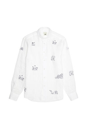 Beymen Club Comfort Fit White Landscape Embroidered Linen Shir - 8