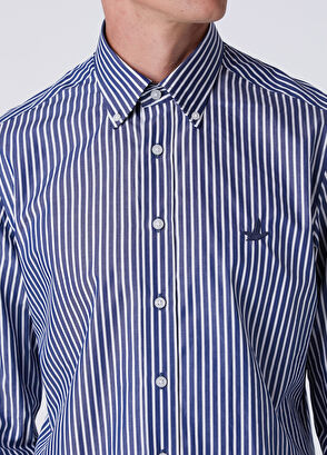 Beymen Club Comfort Fit Navy Blue White Striped Poplin Shirt - 6