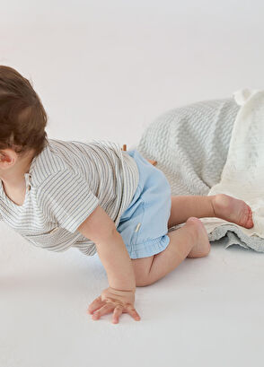 Patique Kids Mavi Organik Pamuklu Çizgili T-shir ve Pantolon 2'li Erkek Bebek Müslin Takım - 5