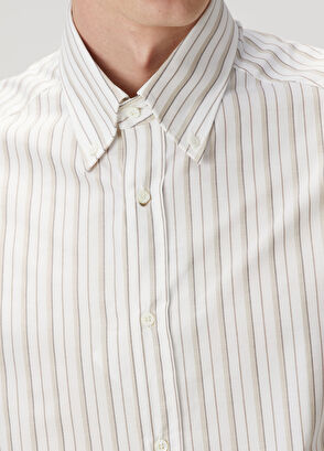 Brunello Cucinelli Kahverengi Beyaz Çizgi Desenli Gömlek - 5