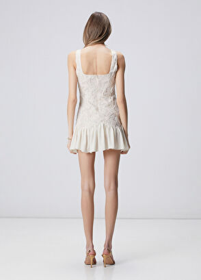 Kırık Beyaz Desenli Mini Abiye Elbise - Görsel 6