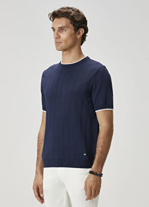 Beymen Club Lacivert Çizgi Dokulu Kısa Kollu Kazak - 5