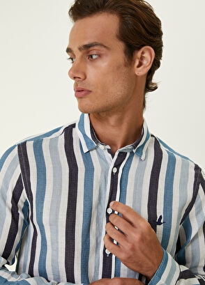 Beymen Club Comfort Fit Mavi Kalın Çizgi Desenli Keten Gömlek - 7