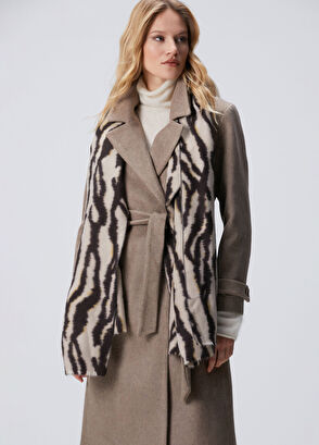 Vizon Diyagonal Desen Kuşaklı Uzun Palto - Görsel 5