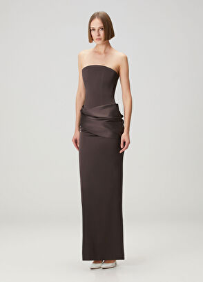 Antrasit Straplez Maksi Abiye Elbise - Görsel 4