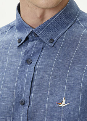 Beymen Club Comfort Fit Navy Blue Striped Linen Shirt - 6