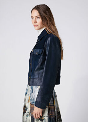 Beymen Club Teal Blue Leather Trucker Jacket - 7