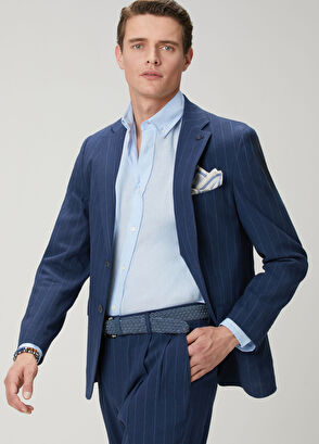 Beymen Club Navy Blue Striped Patterned Linen Suit - 5