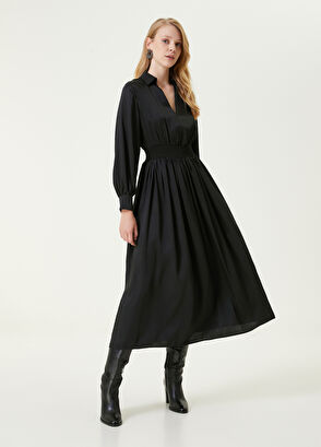 Beymen Club Black V-Neck Midi Shirt Dress - 3