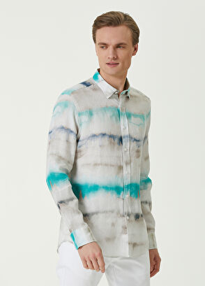 Beymen Club Comfort Fit Turkuaz Batik Desenli Keten Gömlek - 3