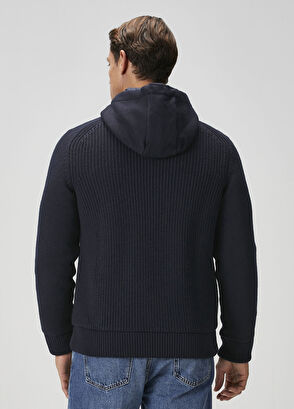 Lacivert Kapüşonlu Yün Triko Mont - Görsel 6