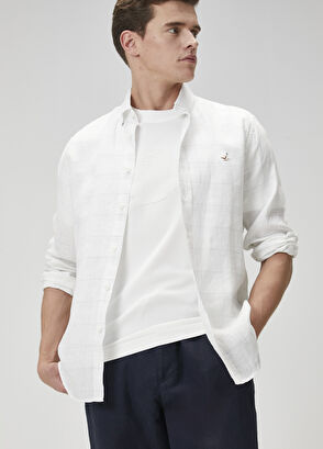 Beymen Club Comfort Fit Beyaz Ekose Desenli Keten Gömlek - 5