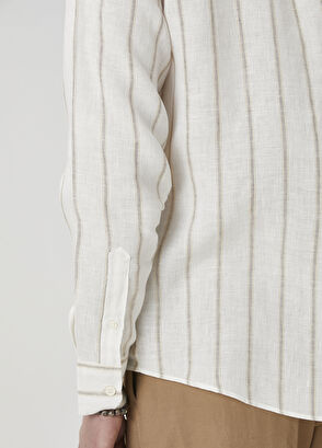 Beymen Club Comfort Fit Bej Çizgili Keten Gömlek - 7