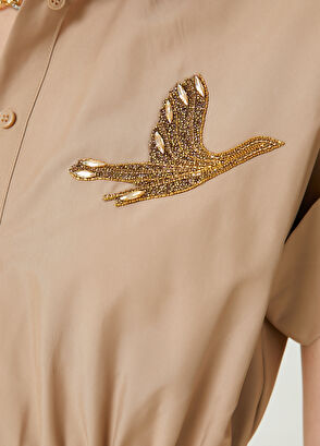 Beymen Club Bej Taşlı Kaz Logo Detaylı Uzun Gömlek Elbise - 5