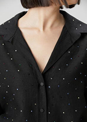 Siyah Taş Detaylı Keten Gömlek - Görsel 8