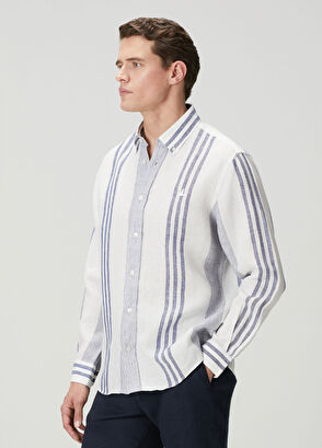 Beymen Club Navy Blue White Striped Relax Fit Linen Shirt - 5