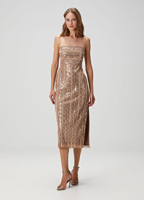 Bronz Payetli Midi Abiye Elbise - Görsel 4