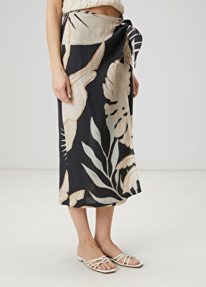 Beymen Club Siyah Ekru Desenli Midi Keten Etek - 5