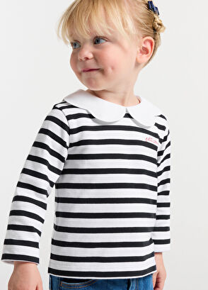 Jacadi Paris Lacivert Beyaz Taraklı Yaka Uzun Kollu Breton Kız Bebek T-Shirt - 5