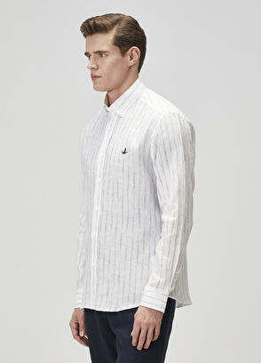 Beymen Club Comfort Fit White Line Patterned Linen Shirt - 5