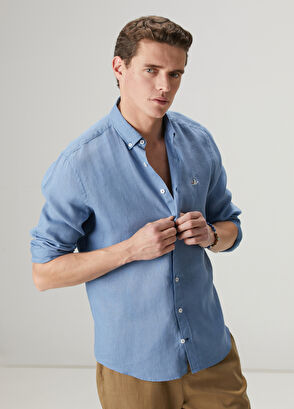 Beymen Club Comfort Fit Grey Blue Linen Shirt - 10