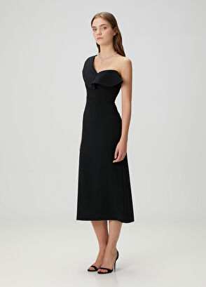 Siyah Tek Omuzlu Midi Kokteyl Elbise - Görsel 5