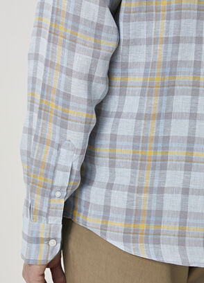 Beymen Club Comfort Fit Gri Mavi Ekose Desenli Keten Gömlek - 7