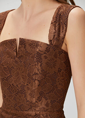 Kahverengi Midi Dantel Kokteyl Elbise - Görsel 7