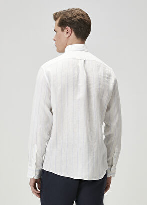 Beymen Club Comfort Fit Mavi Silik Çizgi Desenli Keten Gömlek - 5