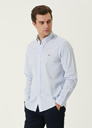 Beymen Club Comfort Fit Light Blue Thin Striped Waffle Shirt - 3
