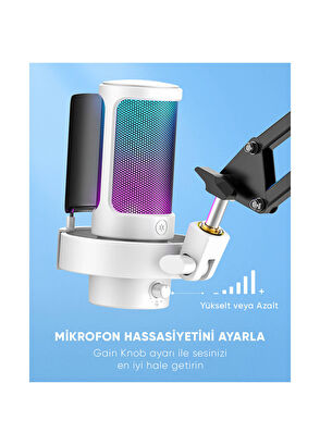 Fifine Ampligame A8 USB RGB Beyaz Yayıncı Bilgisayar Mikrofon - 7