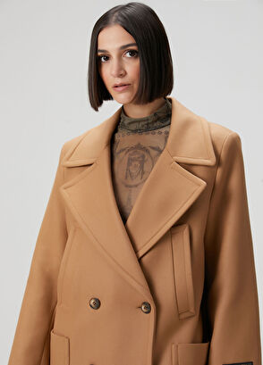 Camel Kruvaze Yün Palto - Görsel 5