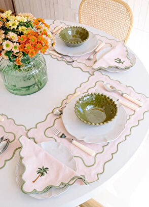 Mariaida Home Ondulado Palm Tree Light Pink Linen American Service Napkin Set 35 x 50 cm - 6