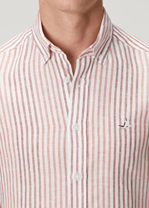 Beymen Club Comfort Fit White Burgundy Striped Linen Shirt - 7