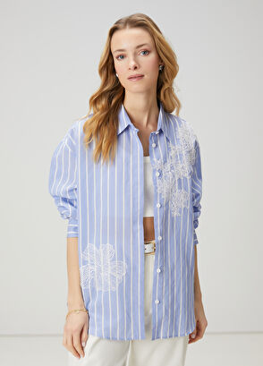 Beymen Club Mavi Çizgili Dantel Nakışlı Gömlek - 4