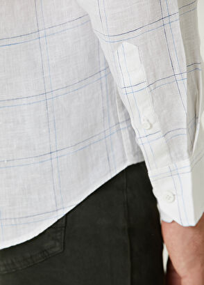 Beymen Club Comfort Fit Blue White Plaid Patterned Linen Shirt - 7