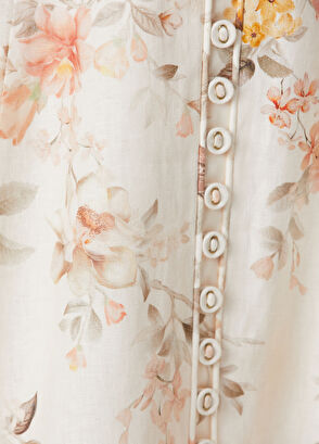 Beyaz Çiçekli Midi Keten Elbise - Görsel 7